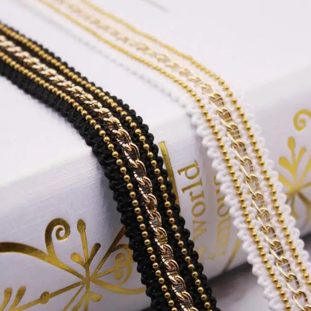 

50yards 1.5cm Width Craft Black Beige Braided Lace Trim Gold Metal Chain Decorated Lace Ribbon Trim For Dress Wedding Clothes