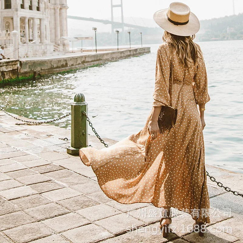 

Boho Style V Neck Polka Dot Dress Split Beach Dresses Chic Women Bohemian Maxi Dress Plus Size Summer Long Wear Large Sizes