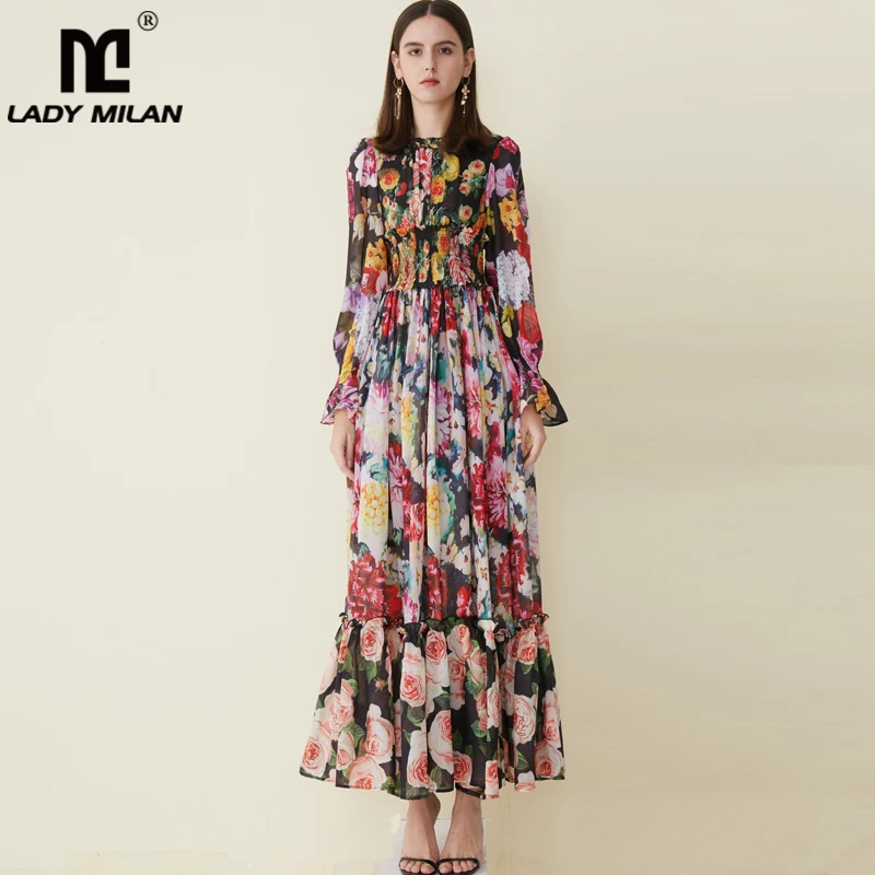 Women's Runway Dresses O Neck Long Sleeves Floral Printed Ruffles
