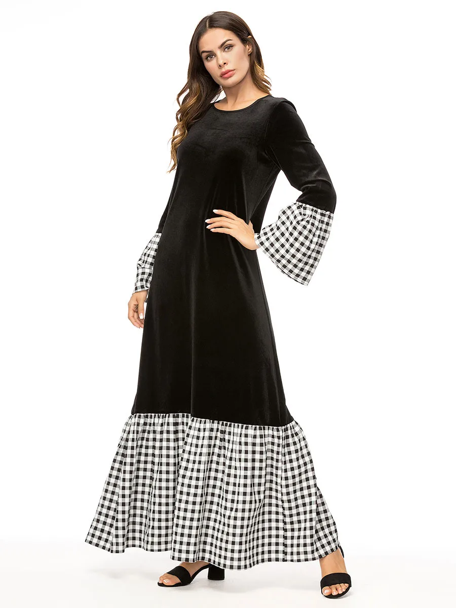

Velour Ramadan Black Abaya Patch Design Moroccan Kaftan Full Sleeve Spring Women Casual Maxi Elegant Dress 7341