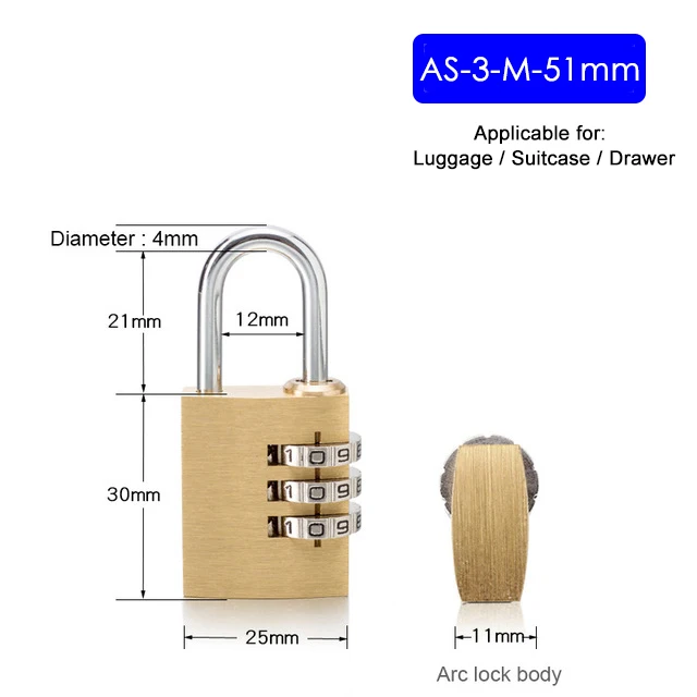 NAIERDI Высокая безопасность твердая латунь анти-Блокировка сверла цифровая комбинация пароль замок Путешествия багаж код чемодан с висячим замком замки - Цвет: AS-3-M-51MM