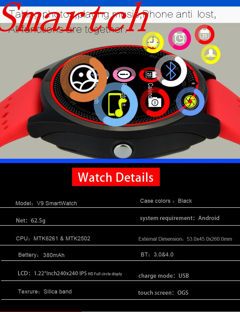 Smartch Smart watch V9 Support SIM TF Card smartwatch men women watches with camera wristwatch for Android IOS phone PK DZ09 GT0 |