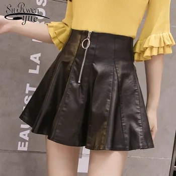 

2019 High waist A-Line women skirt PU leather skirts womens zipper mini skirt streetwear solid black short female skirts 1848 50
