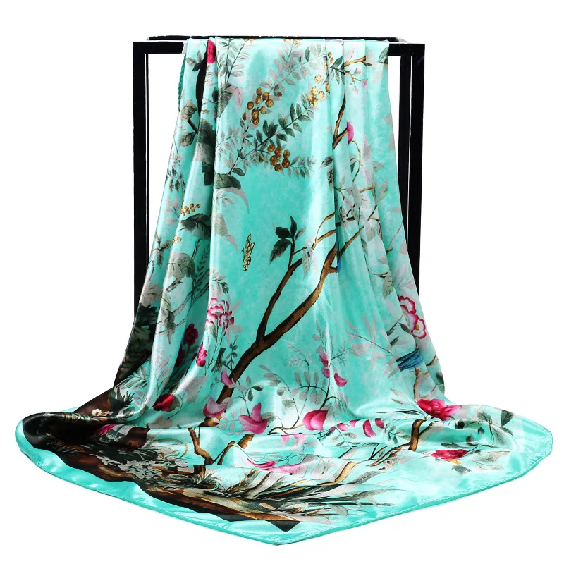 

Women Silk Scarf Fashion Flowers Birds Print Large Square Head Scarves Wraps Luxury Brand Quality Female Shawls Bandana Hijab