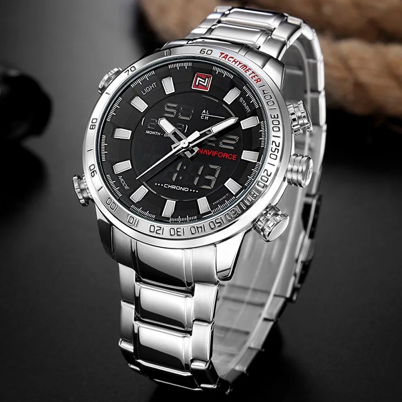 

NAVIFORCE Mens Quartz Watches Fashion casual Double display Digital Watch Waterproof stainless steel Male Watch montre homme
