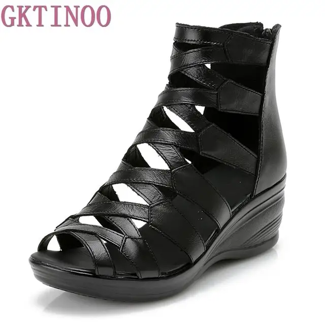 2018 summer Fashion sandals genuine leather soft outsole comfortable open toe wedges mother shoes flat sandals