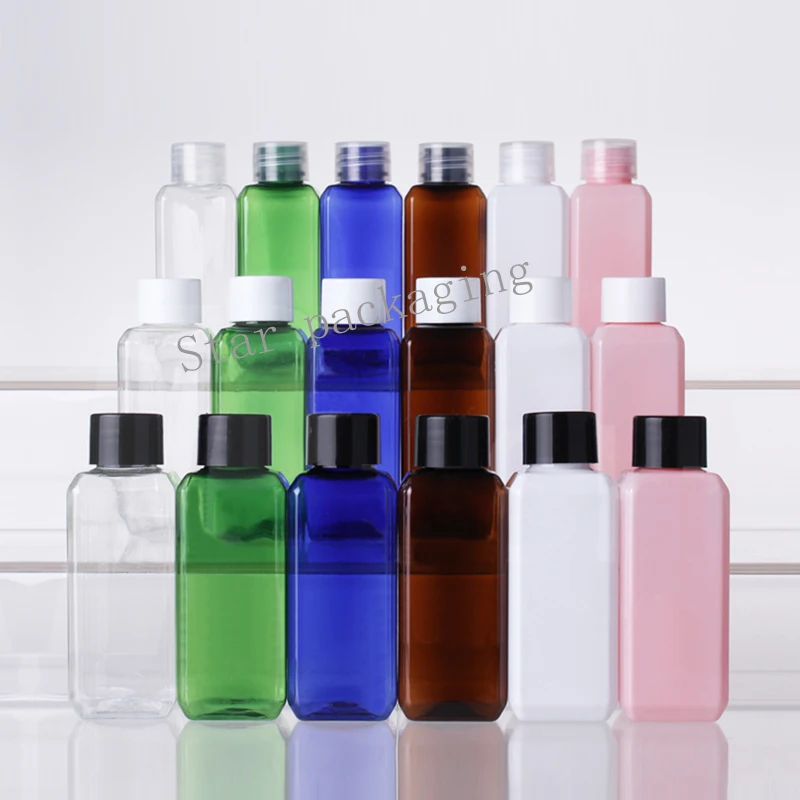 

100pcs 50ml Empty Multicolor Square Cosmetic Bottles With Screw Cap,50cc Lotion Plastic Container With Stopper DIY Clear Bottle