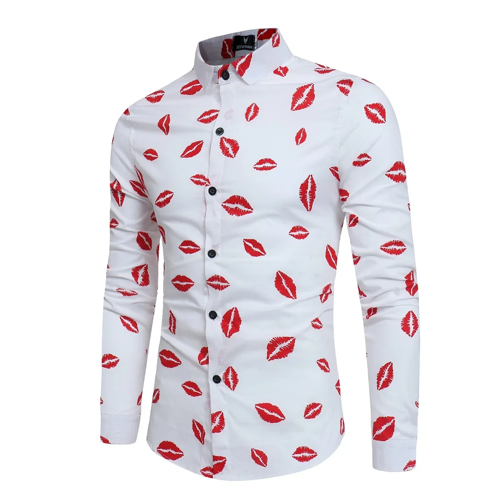 Новая мужская Повседневная рубашка с длинным рукавом мужская мода сексуальные красные губы Принт Рубашка Мужская s отложной Cllar цветочный рубашка для мужчин одежда