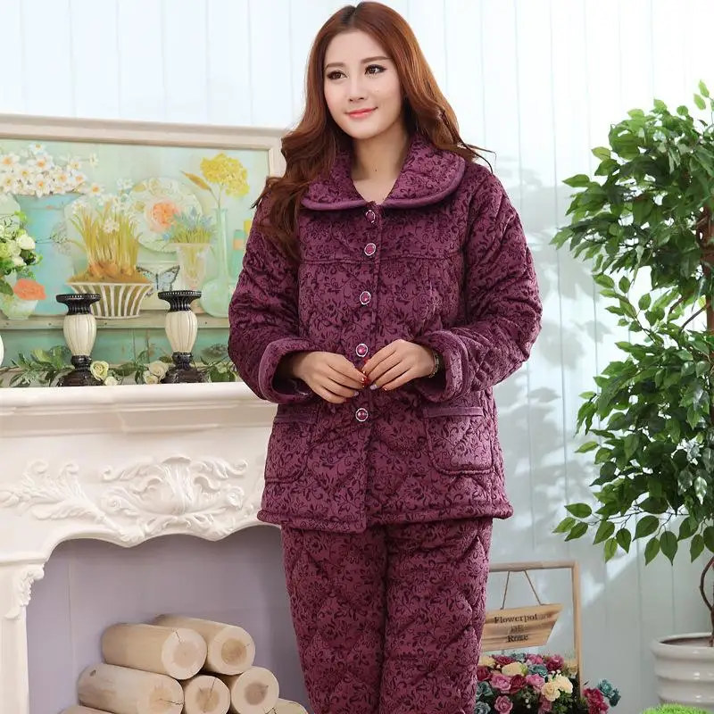 2017 Woman Winter Thick Coral Cashmere Cotton Pajamas Women Long Sleeve