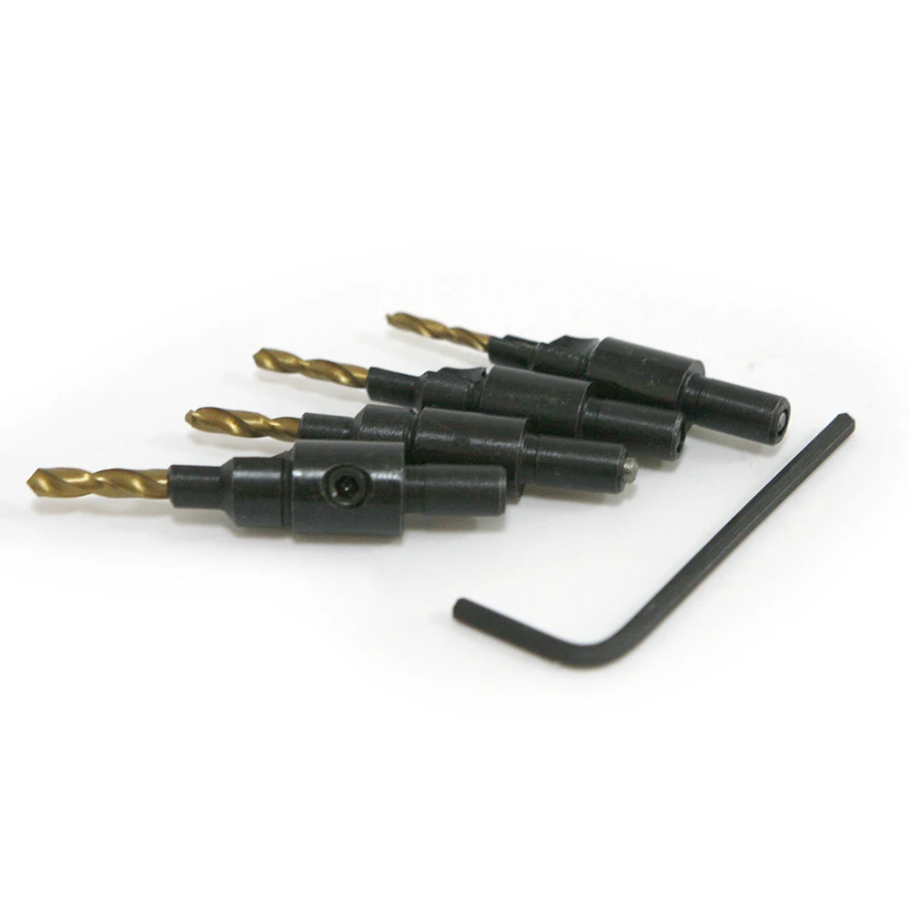 4pcs / set Quick Change Hex Shank Tapered Titanium Countersink Drill Cone Bit Set Hole Saw Woodworking Tools + Small wrench