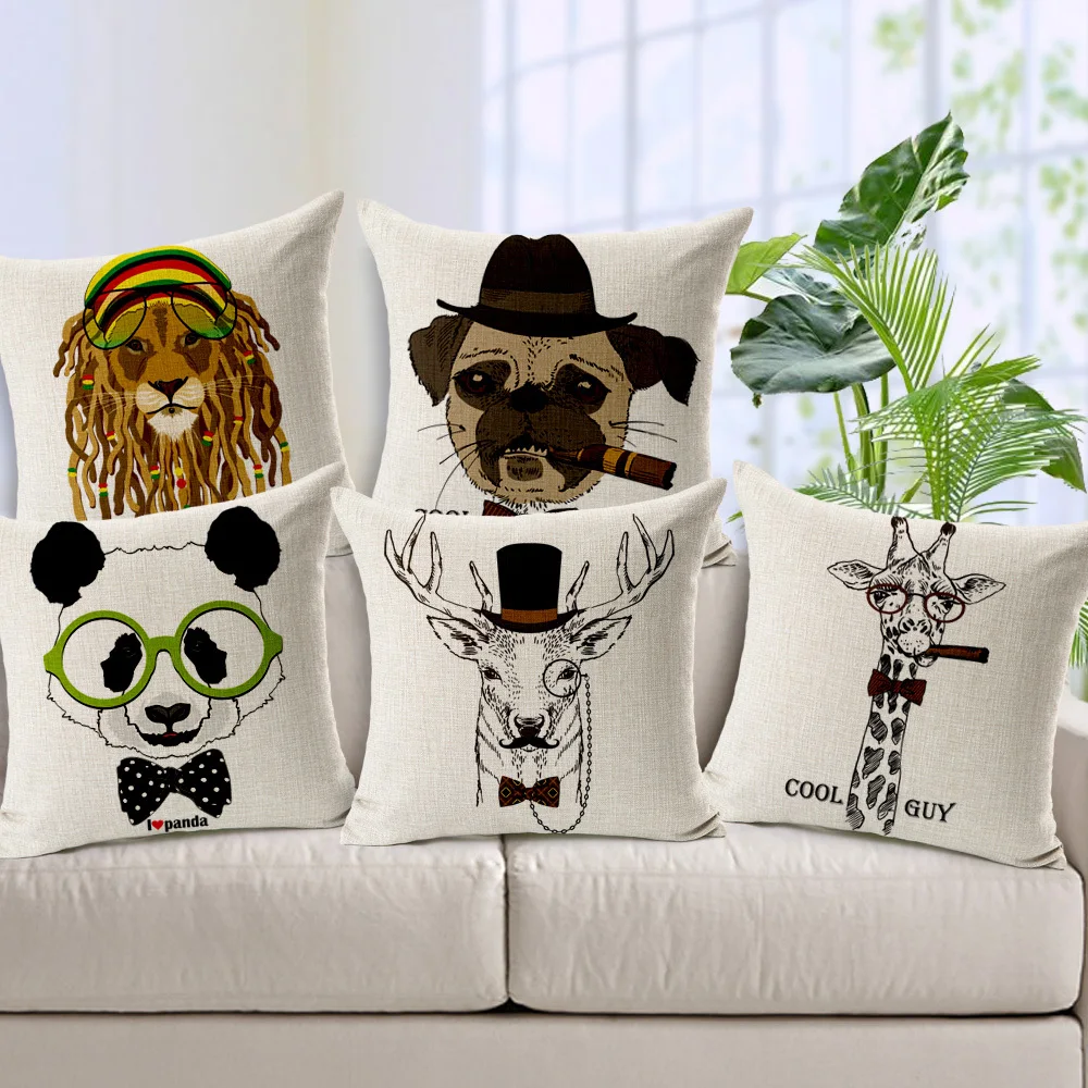 Panda pillow cover, creative cartoon animal Zebra Giraffe deer lion fox dog throw pillow cushion cover pillowcase wholesale