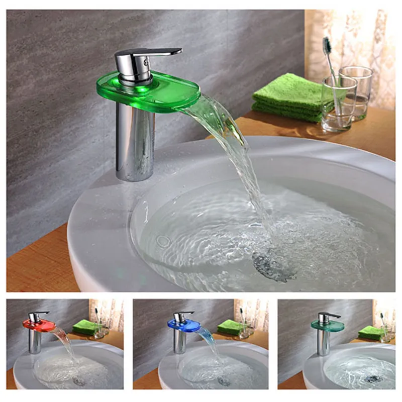 

Waterfall Spout Basin Sink Faucet 3 Holes Bathroom Mixer Tap with LED Light LD8005-015B