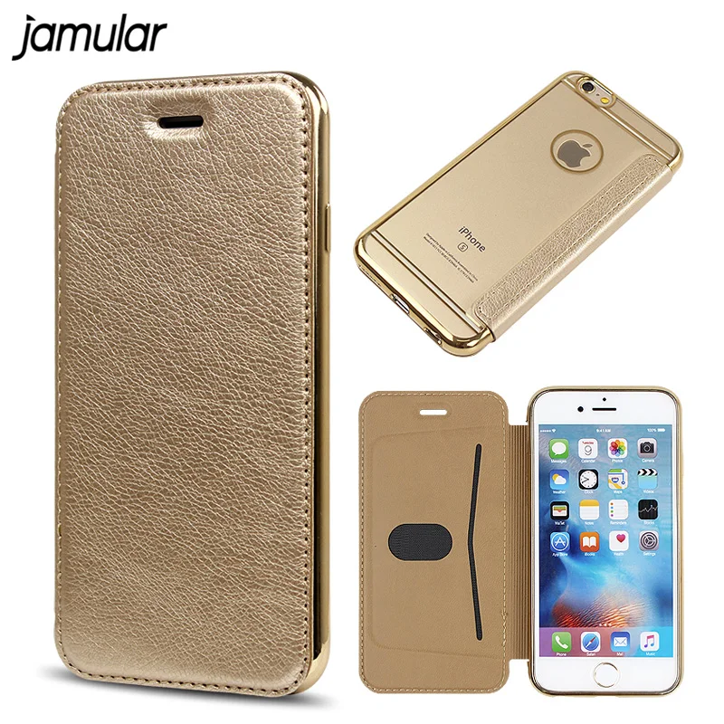 

JAMULAR Flip Leather Cover For iphone X 8 7 6 6s Plus SE 5S Cases Plating Silicone Soft Clear Phone Case for iphone 6 6s 7 Plus