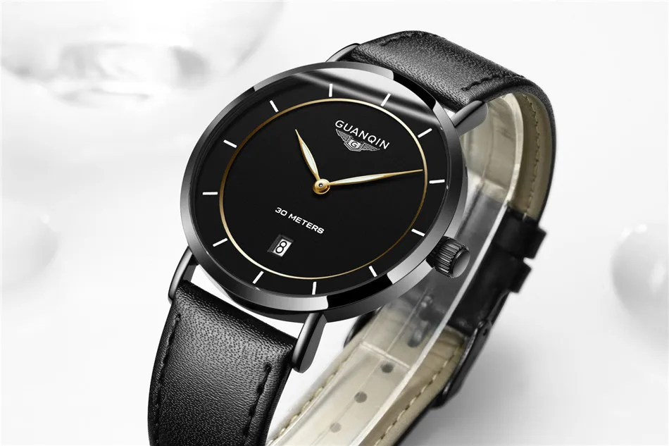 Мужские s часы лучший бренд класса люкс GUANQIN простой дизайн Ультра тонкие кварцевые часы мужские повседневные кожаные мужские часы relogio masculino