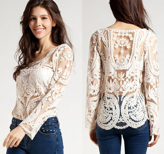2015 New Sweet Semi font b Sexy b font Sheer Long Sleeve Vintage Embroidery Floral Lace
