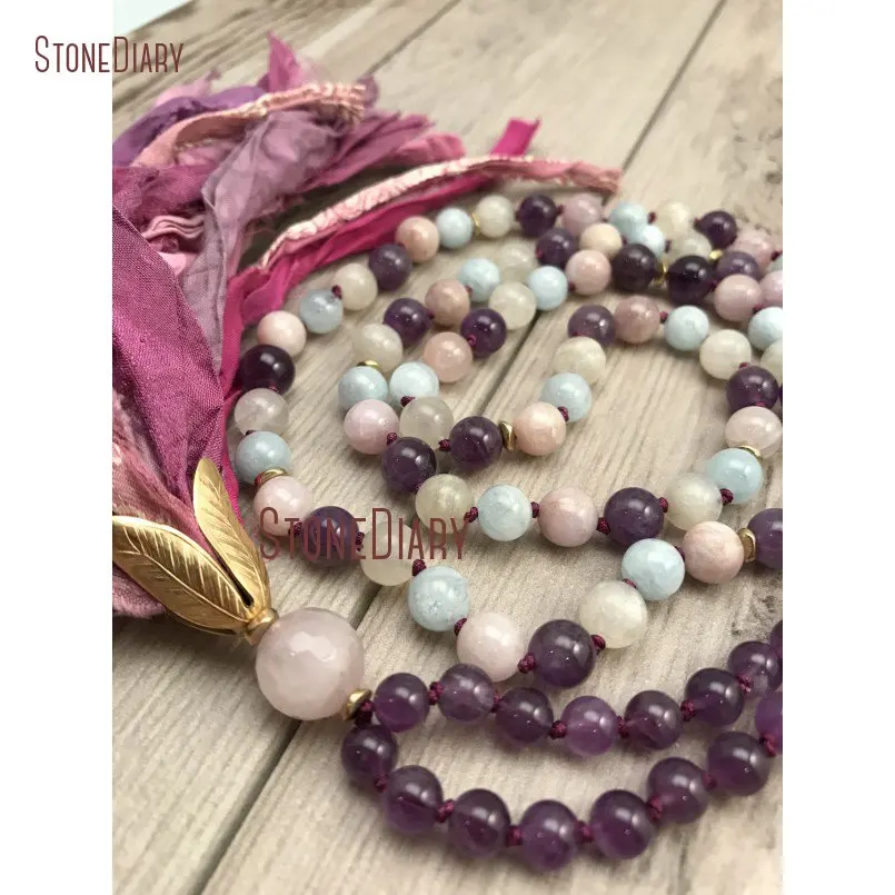20180313-NM11117-Aquamarine, Amethyst, Kunzite, and Moonstone Mala Necklace Sari Silk Tassel Hand knotted 108 Mala Beads Boho Tassel Jewelry Gemstone Mala_2