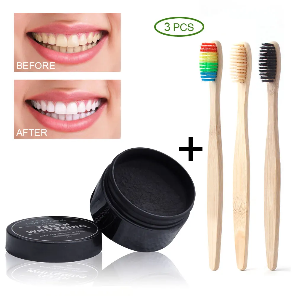 Экологичный порошок для отбеливания зубов с древесным углем+ бамбуковая зубная щетка для отбеливания зубов Зубная древесная пудра деревянная зубная щетка Oral C