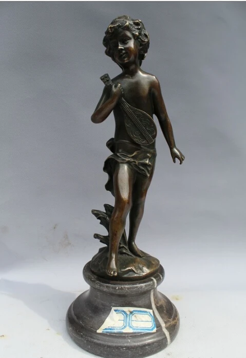 

free 14"China Western Art sculpture Bronze Marble Men Boy Violin Statue fast