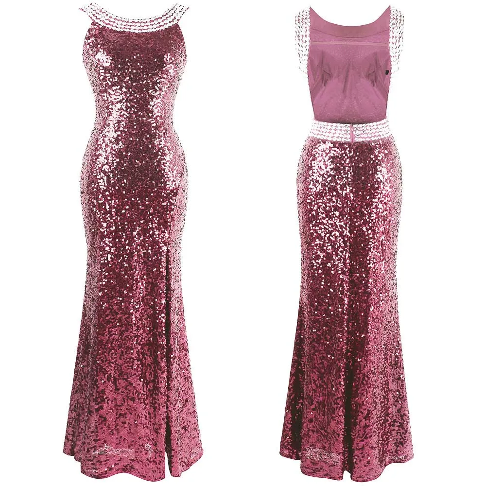 Angel-Fashion женское блестящее платье для выпускного с пайетками, с открытой спиной, с бисером, платье с разрезом, костюм, вечерние платья 090 - Цвет: pink pic color