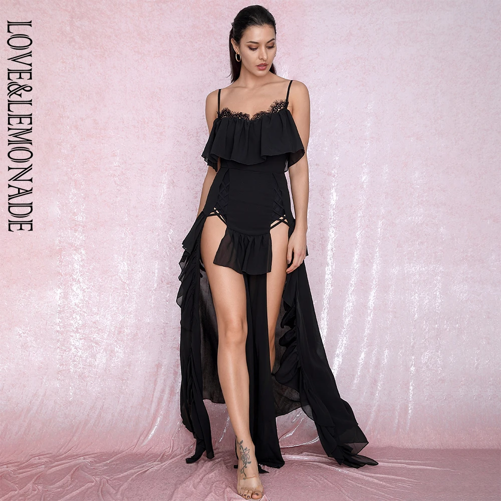 LOVE&LEMONADE Sexy Black Suspenders Lace Ruffle Stitching Split Chiffon Beach Long Dress LM81869