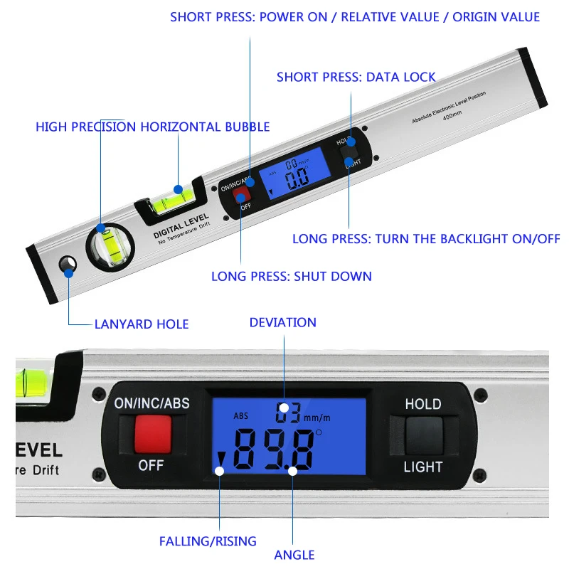 Цифровой угломер, измерительный прибор, измеритель наклона, электронный уровень, 360 градусов, уровень наклона, тестовая линейка, 400 мм, 1 шт