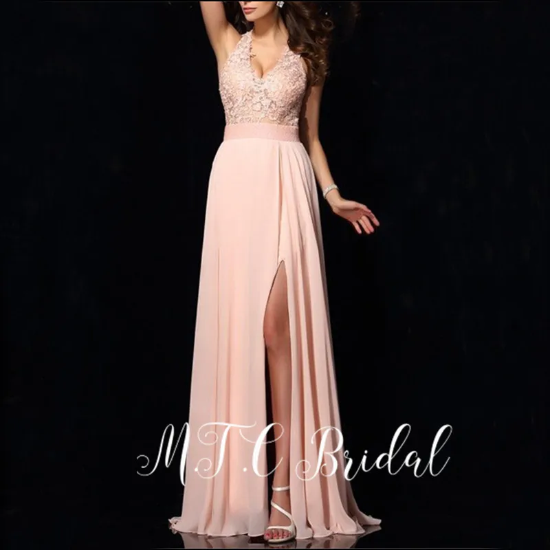

Sexy Pink Evening Dress Deep V Neck High Slit Backless Lace Chiffon Long Women Dresses 2019 Hot Selling Arabic Prom Gowns Cheap