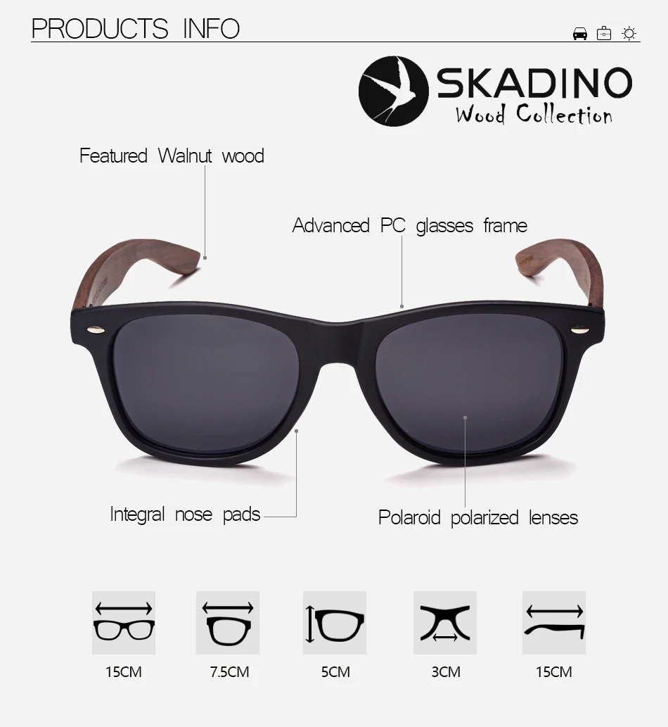 SKADINO UV400 поляризационные солнцезащитные очки из грецкого дерева Модные солнцезащитные очки для женщин и мужчин с покрытием Синие Серые линзы классный бренд ручной работы