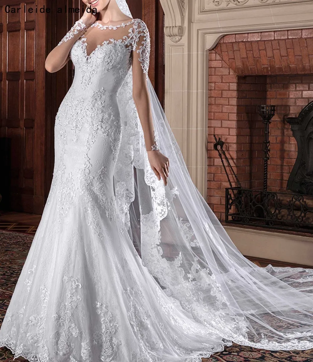 

Long Sleeves Lace Mermaid Wedding Dresses with Lace Appliques Wedding Gowns 2019 Court Train Bride Dress