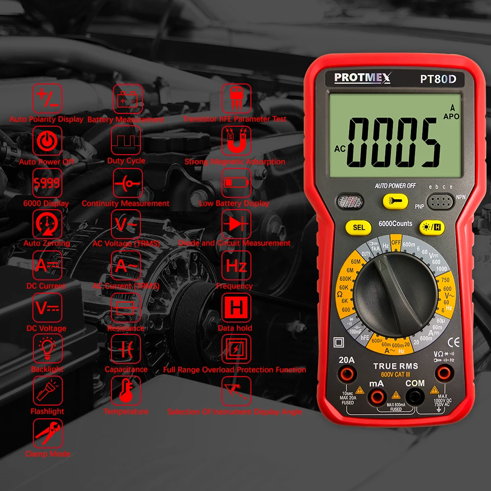 Protmex PT80C/80D 6000 отсчетов Цифровой мультиметр DC/AC напряжение, ток, сопротивление, Емкость Тестер