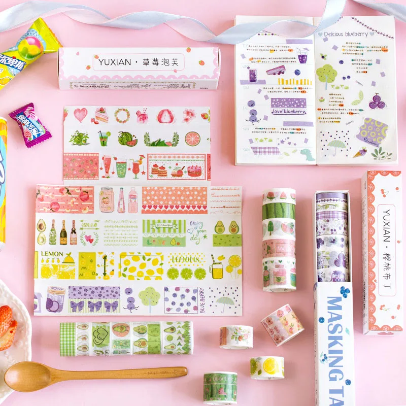 

10Pcs Kawaii Milk Tea Decorative Adhesive Tape Creative Fruit Washi Tape Cute Masking Tapes For Kids Scrapbooking Photos Albums