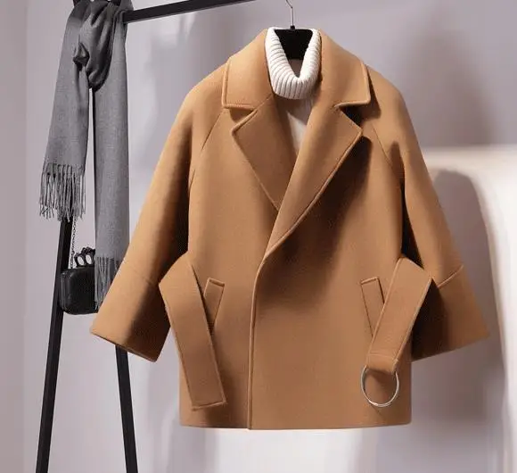 Женское Короткое шерстяное пальто с поясом, шерстяное пальто для женщин на осень и зиму