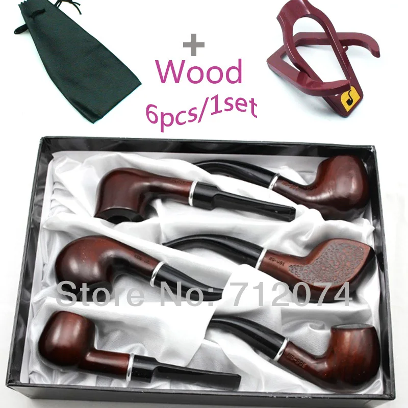 1 Set 6Pcs Elegant Durable Mens Tobacco Wood Wooden Smoking Pipe Cigar Cigarette Pipes With