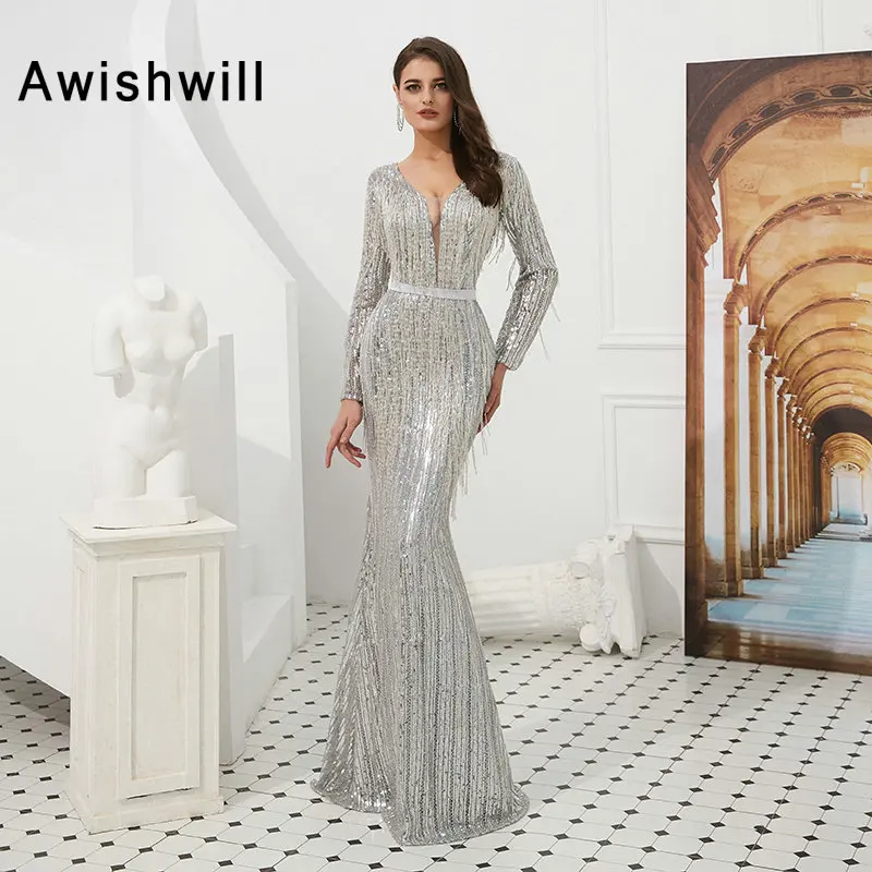long sleeve beaded evening gowns