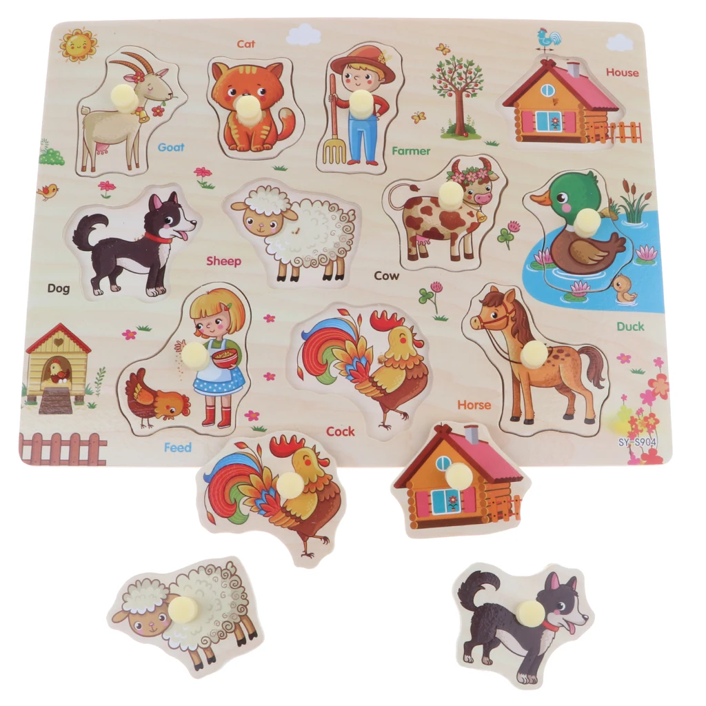 2 Sets Wooden Peg Puzzle Jigsaw Educational Toys for 1-4 Year Olds Baby Toddlers - Zoo & Farm Animals
