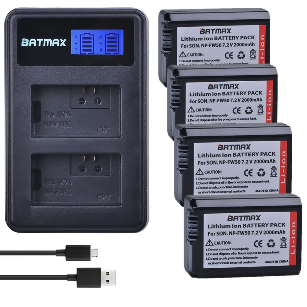 Батарея Batmax 4pc 2000 мАч NP FW50 NPFW50 np fw50 + двойное зарядное устройство USB с ЖК дисплеем