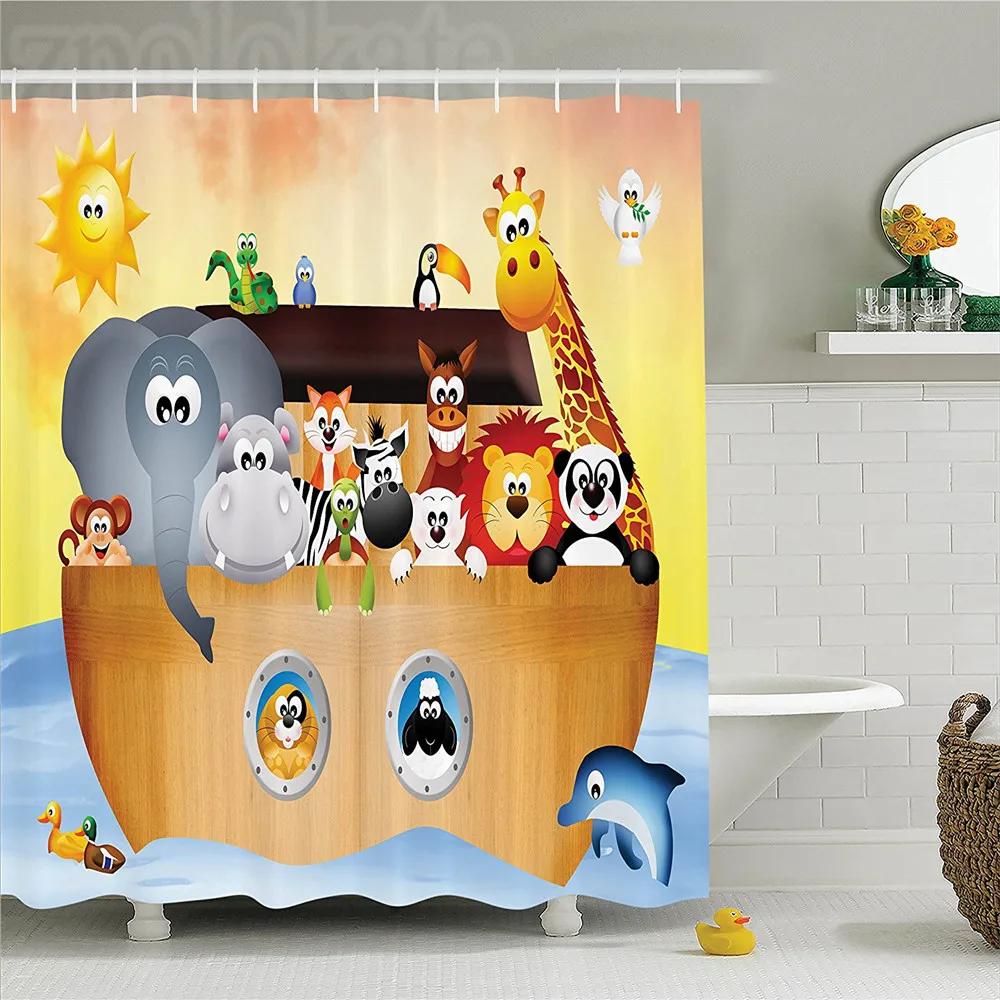 

Noah's Ark Shower Curtain Set Cute Animals On The Ark Of Noah In The Sea Bible Mythical Lion Fun Graphic Print Bathroom Accessor