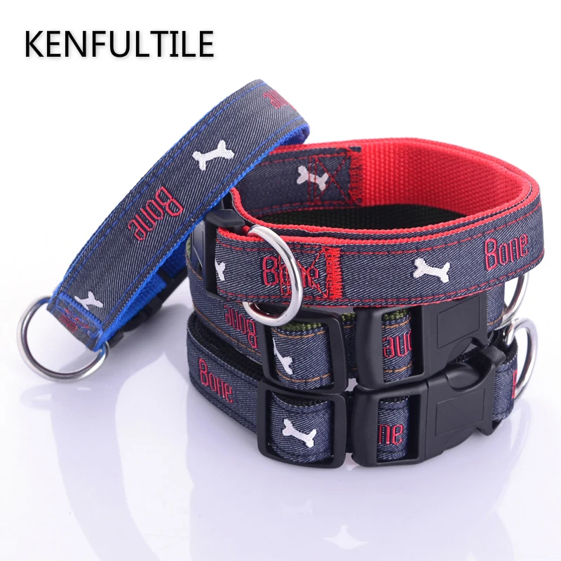 Jeans Dog Collar Embroidered Leather Dog Bone Choker Leash For Dogs