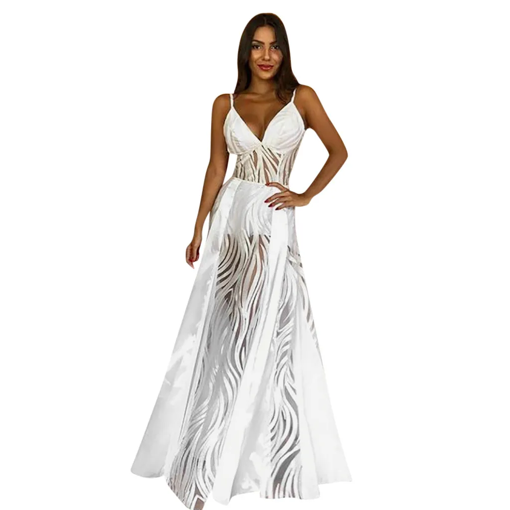 Beach Dress Women Summer Spaghetti Straps V-Neck Wedding Bridal Dresses Striped Perspective White Maxi Dress Robe Femme