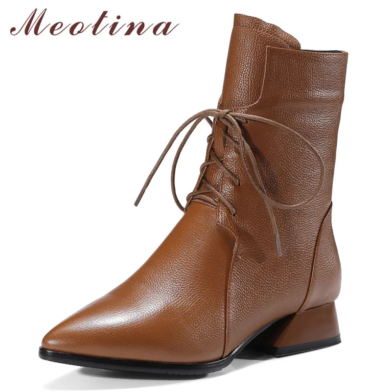 

Meotina Fall Ankle Boots Women Natural Genuine Leather Block Heels Short Boots Zipper Pointed Toe Shoes Female Winter Size 34-42