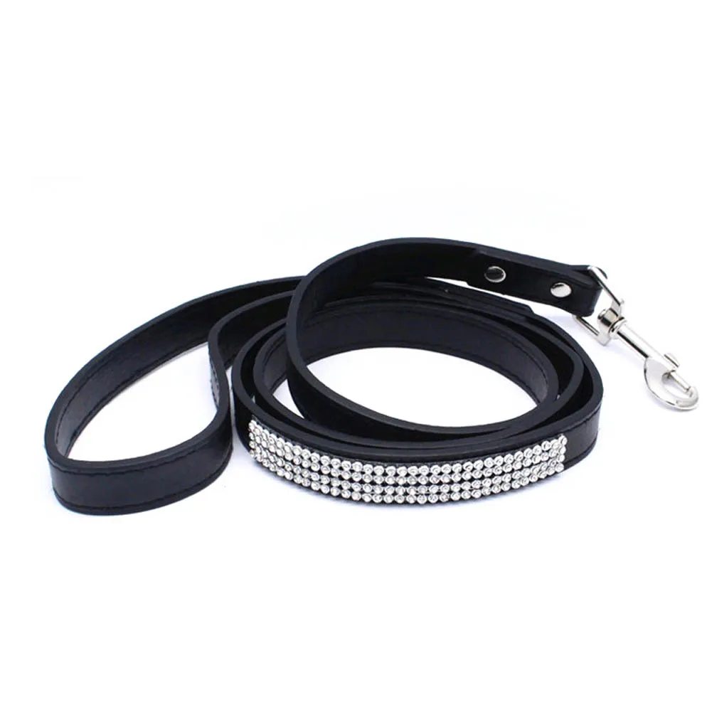 

New Dog Collar Leash Lead Set Adjustable Shiny Crystals PU Leather Harnesses Pet Product SF66
