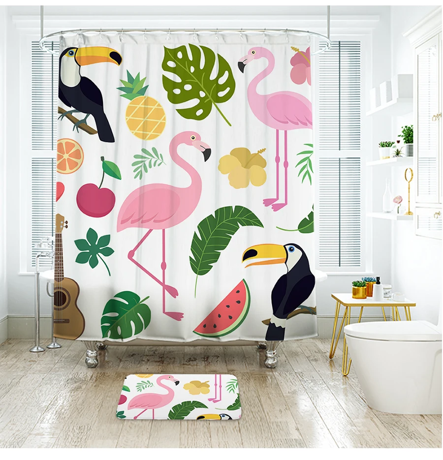 Мультфильм Фламинго занавеска для душа Водонепроницаемый полиэстер ткань занавеска для ванной комнаты с 12 шт. Пластиковые Крючки IBANO