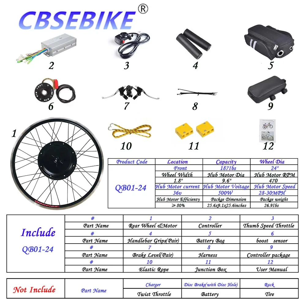 CBSEBIKE Ebike, комплект передних колес, высокая скорость преобразования 36v250w 36v500w 48v500w 48v1000w, 24 дюйма, QB01-24 - Цвет: 24inch 36v500w QB1