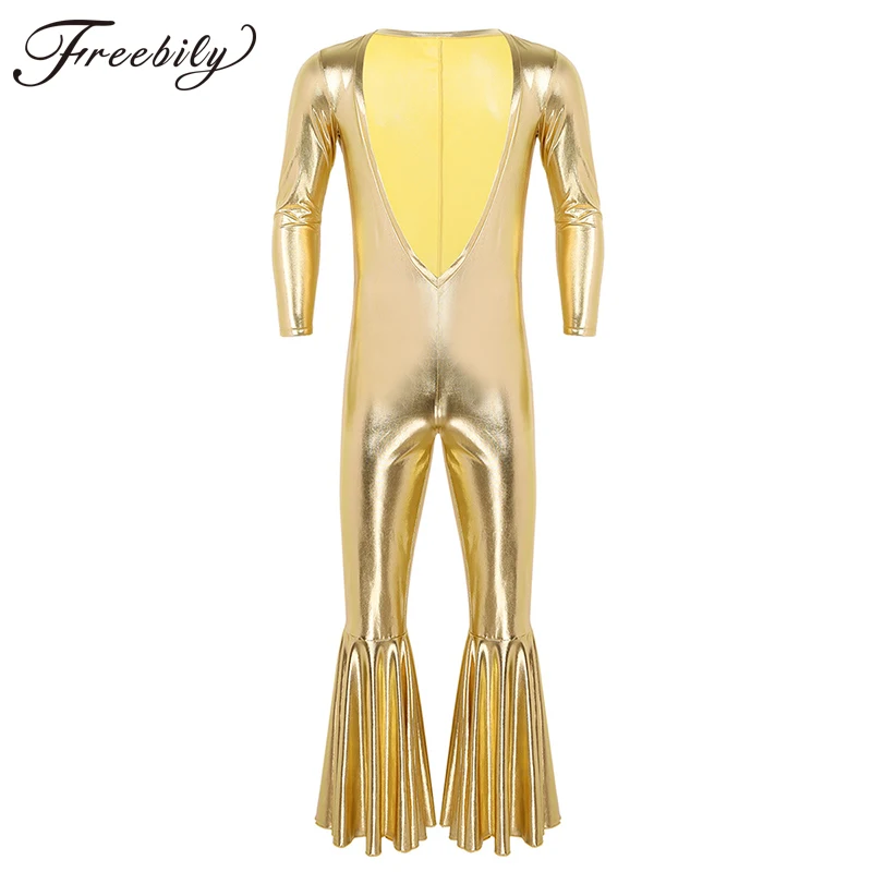 Mens Shiny Metallic Deep V Neck Open Chest Long Sleeves Bell Bottom