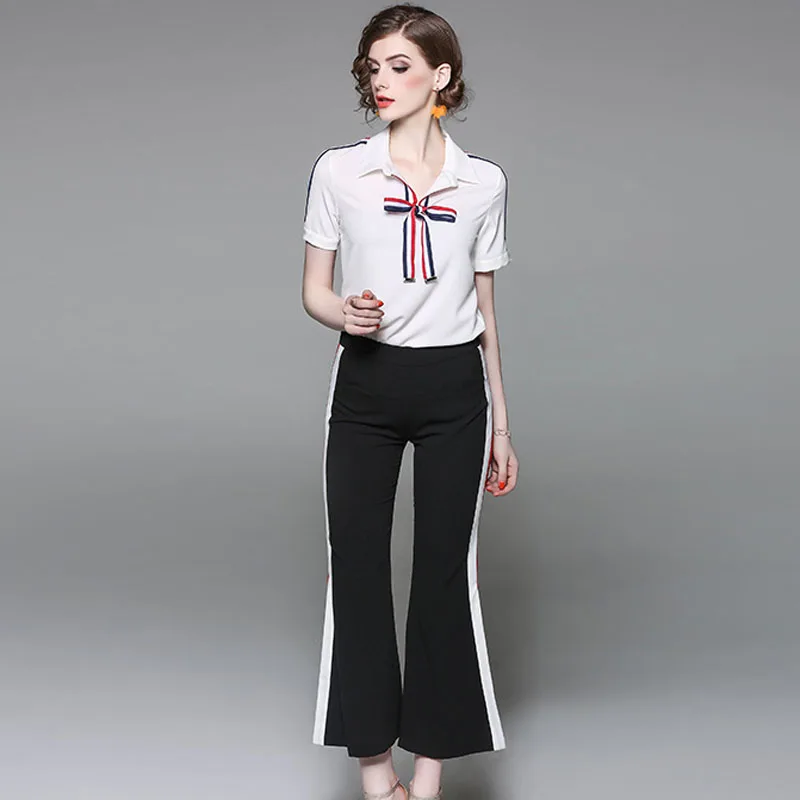 2017 Verão Runway Designer Set Moda Feminina Conjunto Duas Peças de Roupas ocasional Top de Manga Curta e Calças Incendiar Conjunto Terno Conjuntos de Gêmeos