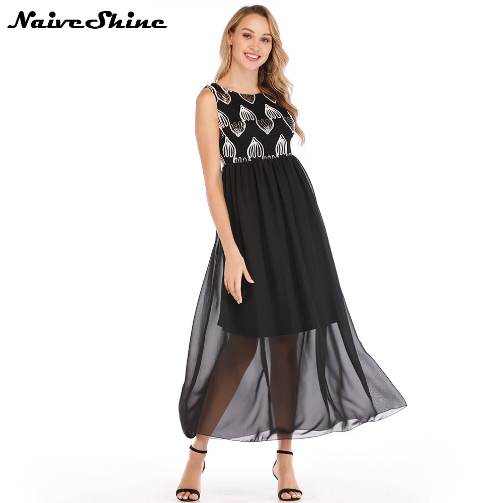 

Naive Shine Women's Elegant Cute Party Dresses Chiffon Patchwork Tank Sleeveless Back V neck Summer Long Maxi Casual Beach Dress