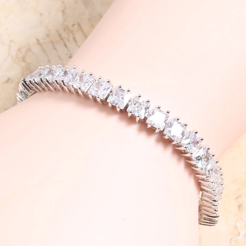 Квадратные камни Белый Циркон 925 стерлингового серебра звено цепи браслет 6 7 дюймов L10025