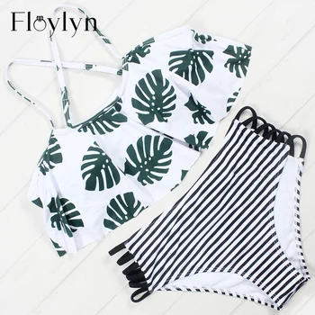 

Floylyn Sexy Bikini Women Swimwear Hot Printed Green Leaf Bandage Swimsuit Bikini Set Bathing Suit Crop Top Brazilian Biquini