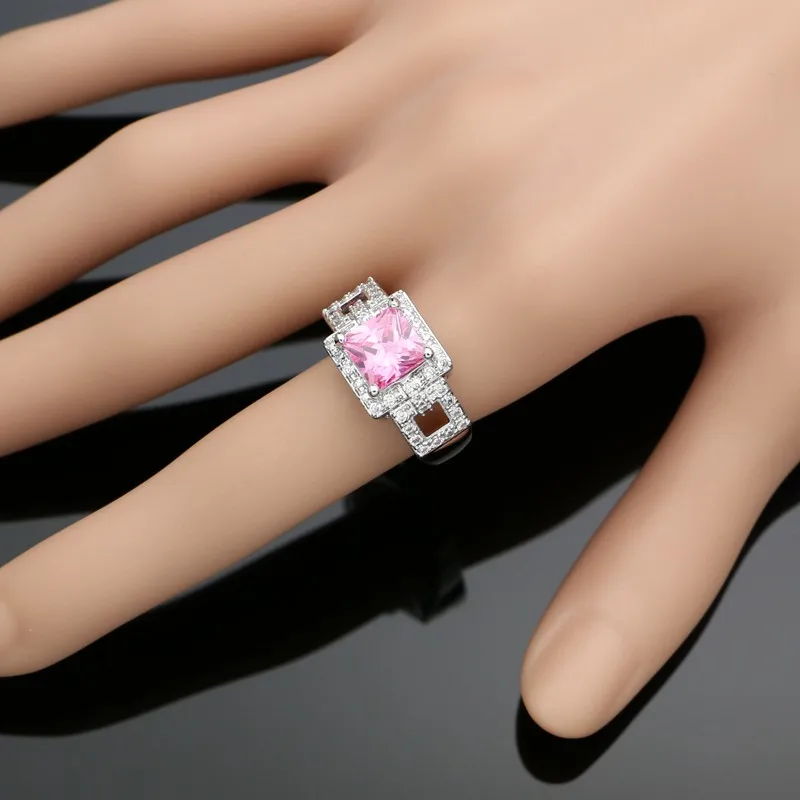 Квадратные 925 серебряные ювелирные наборы розовый и белый кубический цирконий для женщин Свадебные аксессуары серьги кулон кольца ожерелье набор