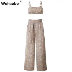 Wuhaobo 2019 Boho Для женщин комбинезон для высокой талии брюки пляжные Комбинезоны Женский, с цветочным принтом Для женщин Лето из двух частей