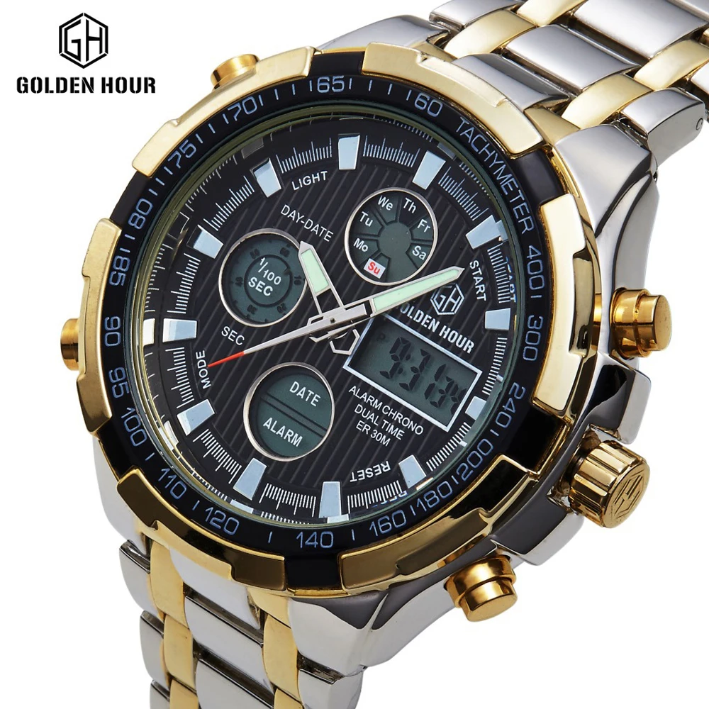 Full Steel Silver Gold Watches Mens Military Sport Wristwatch Led